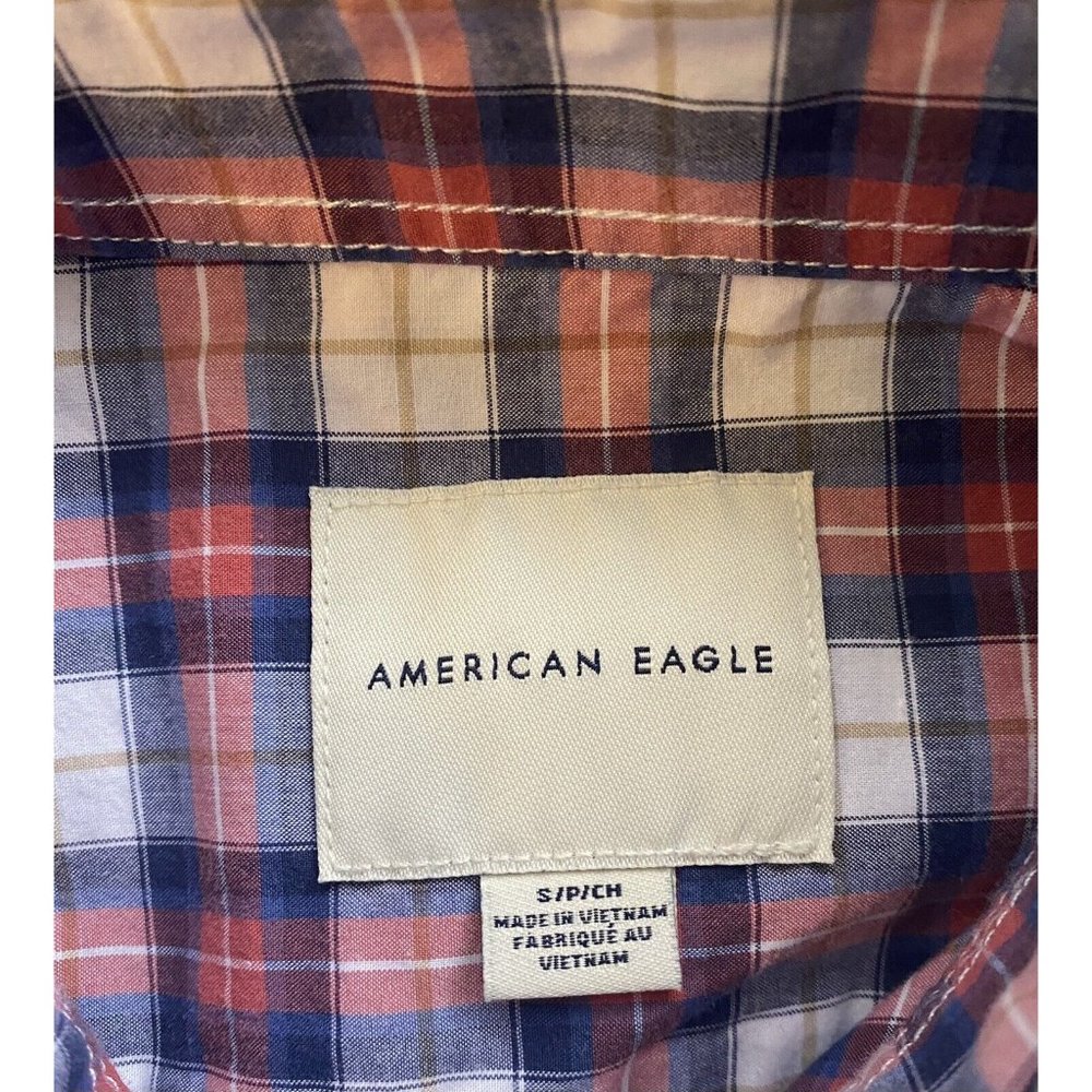 American Eagle Mens Shirt Small Button Down Red Blue White Plaid Cotton 8870 - Picture 6 of 7
